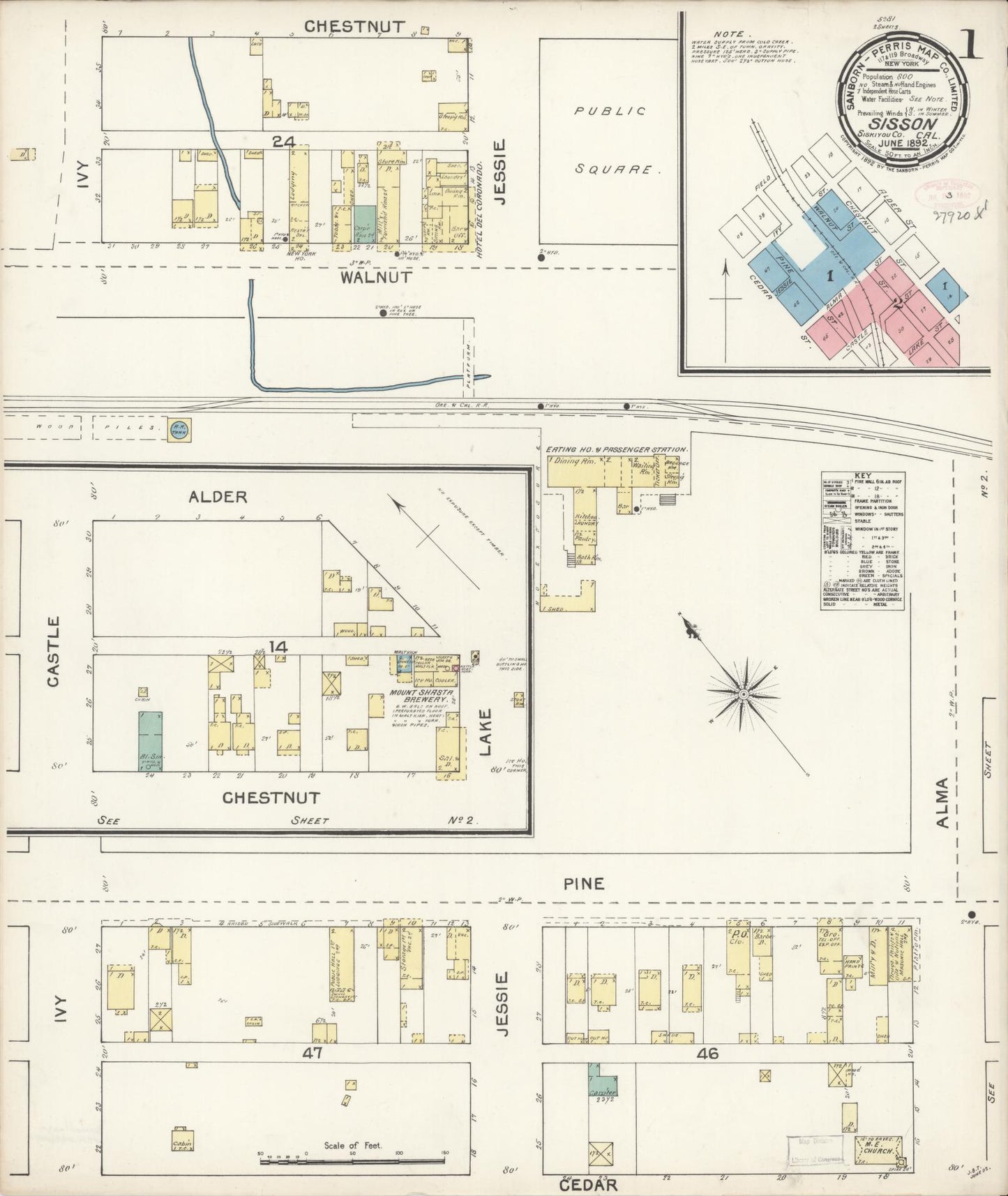 Sanborn Fire Insurance Map from Sisson, Siskiyou County, California (1892), Sheet #0001 - Complete Map Set gallery image, historic Sanborn map, vintage wall art, California California