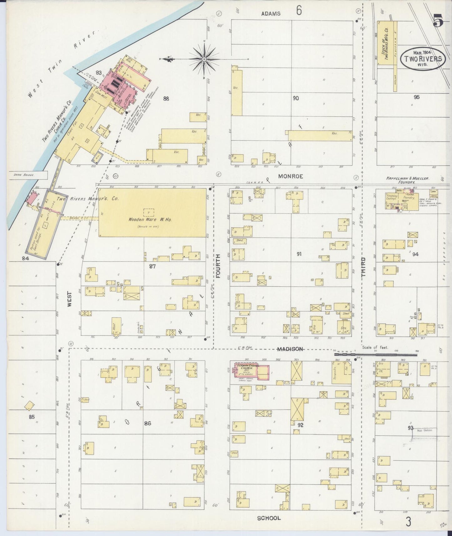 Sanborn Fire Insurance Map from Two Rivers, Manitowoc County, Wisconsin (1904), Sheet #0005 - Complete Map Set gallery image, historic Sanborn map, vintage wall art, Wisconsin Wisconsin