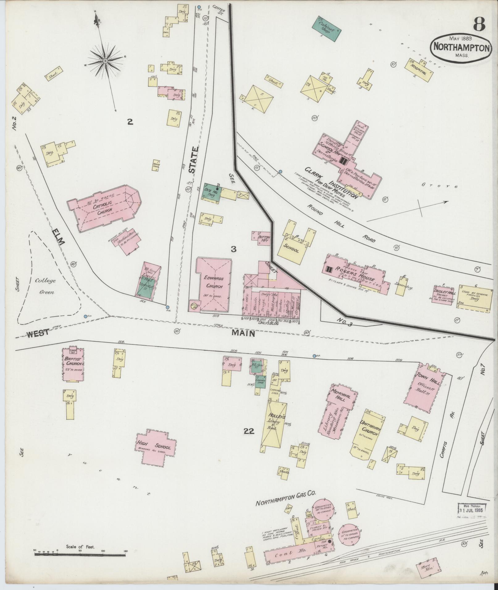Sanborn Fire Insurance Map from Northampton, Hampshire County, Massachusetts (1889), Sheet #0008 - Complete Map Set gallery image, historic Sanborn map, vintage wall art, Massachusetts Massachusetts