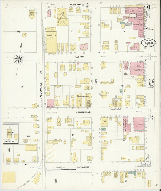 Sanborn Fire Insurance Map from Tarboro, Edgecombe County, North Carolina (1908), Sheet #0004 - Historic Sanborn Fire Insurance Map Print, vintage old map wall art, antique decor, genealogy gift, North Carolina North Carolina map