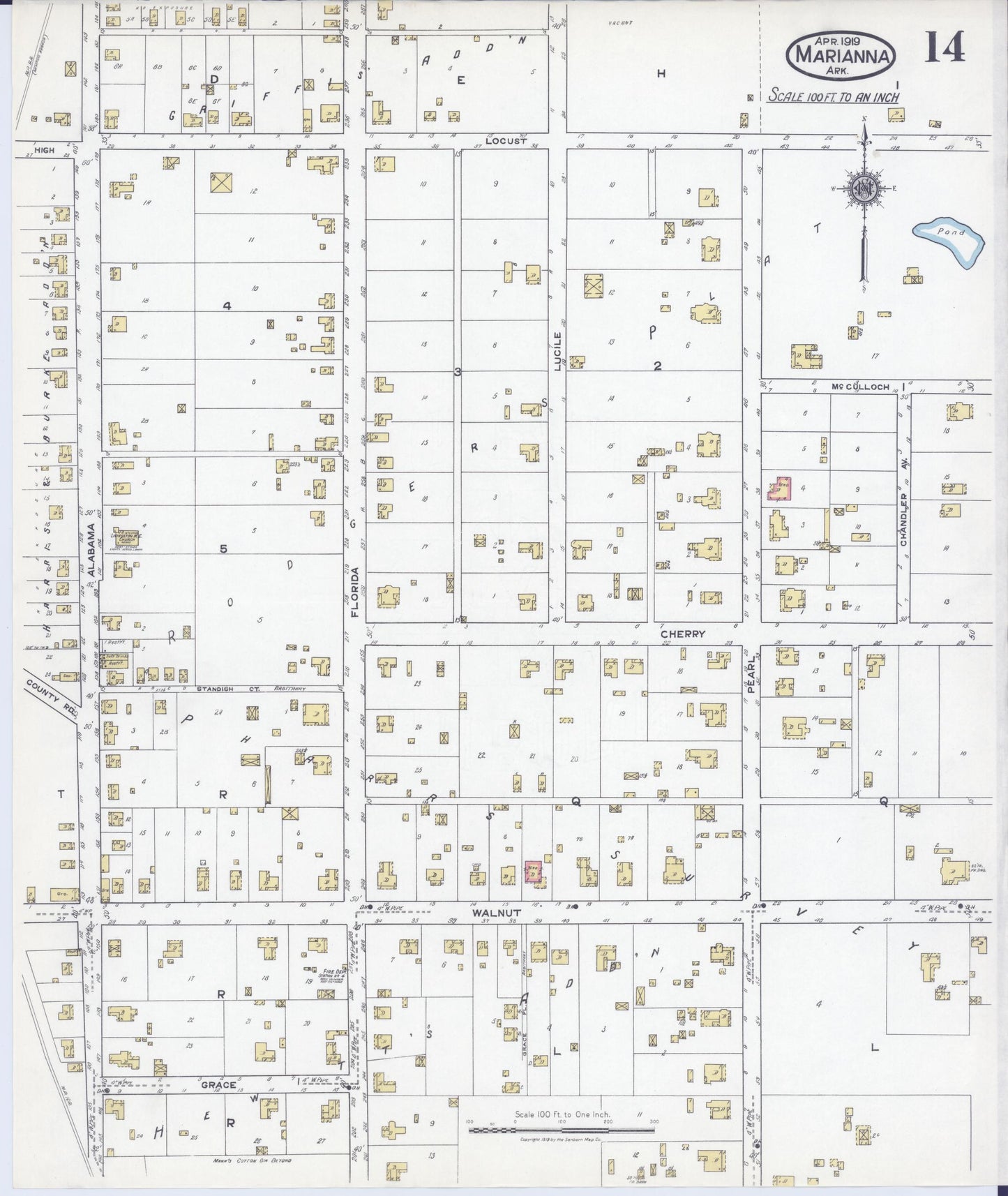 Sanborn Fire Insurance Map from Marianna, Lee County, Arkansas (1919), Sheet #0014 - Historic Sanborn Fire Insurance Map Print, vintage old map wall art, antique decor, genealogy gift, Arkansas Arkansas map