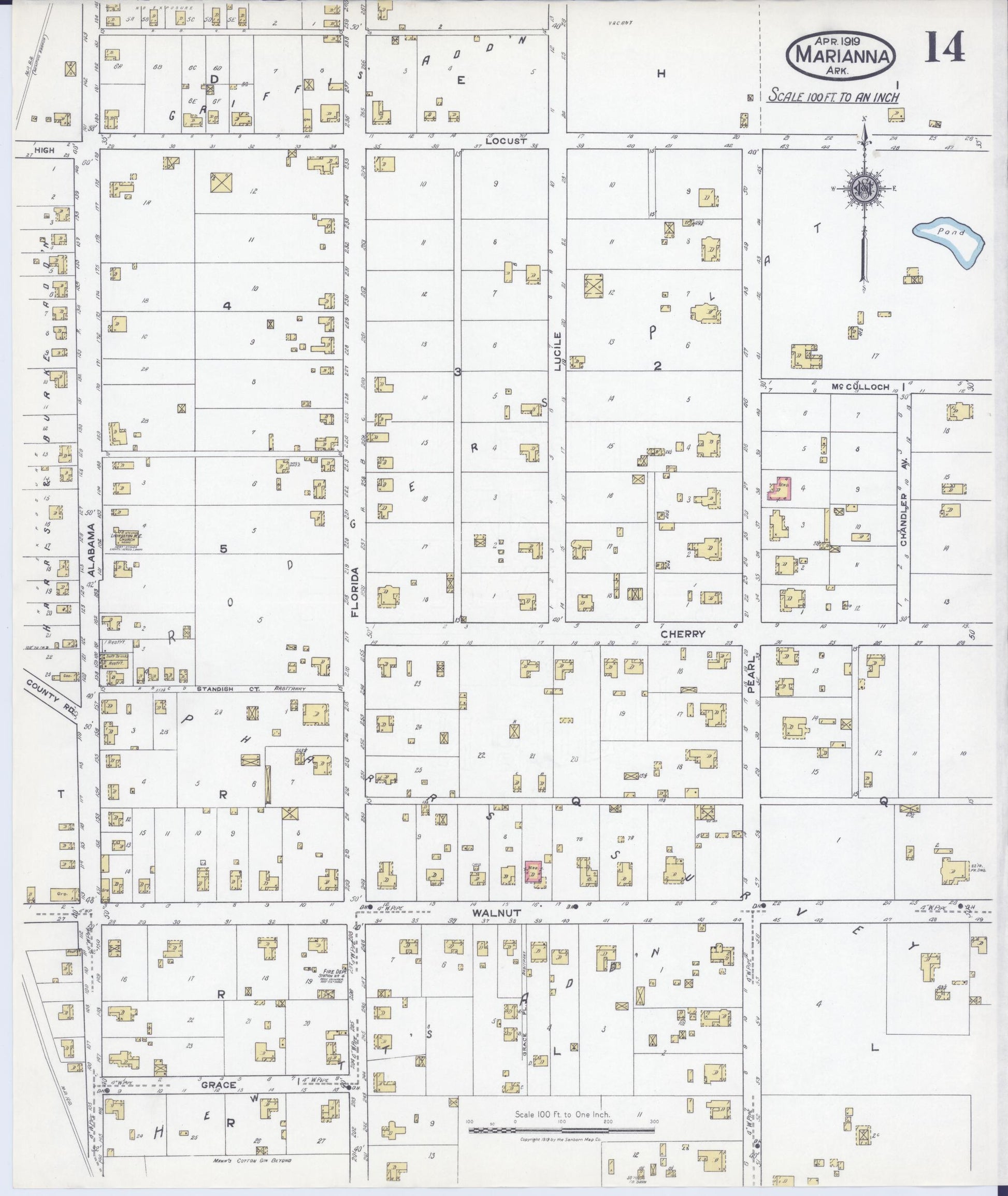 Sanborn Fire Insurance Map from Marianna, Lee County, Arkansas (1919), Sheet #0014 - Historic Sanborn Fire Insurance Map Print, vintage old map wall art, antique decor, genealogy gift, Arkansas Arkansas map