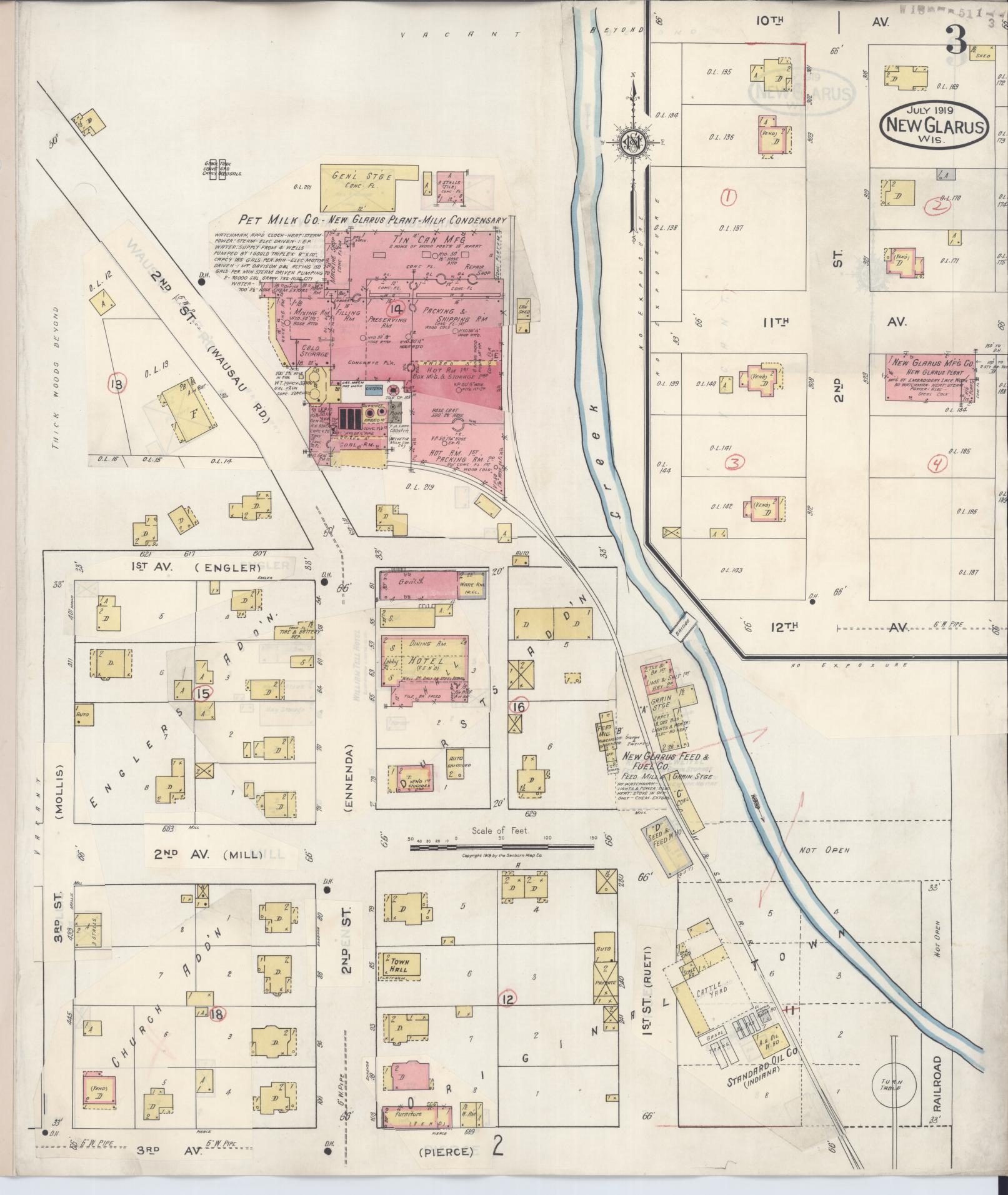 Sanborn Fire Insurance Map from New Glarus, Green County, Wisconsin (1933), Sheet #0003 - Historic Sanborn Fire Insurance Map Print, vintage old map wall art, antique decor, genealogy gift, Wisconsin Wisconsin map