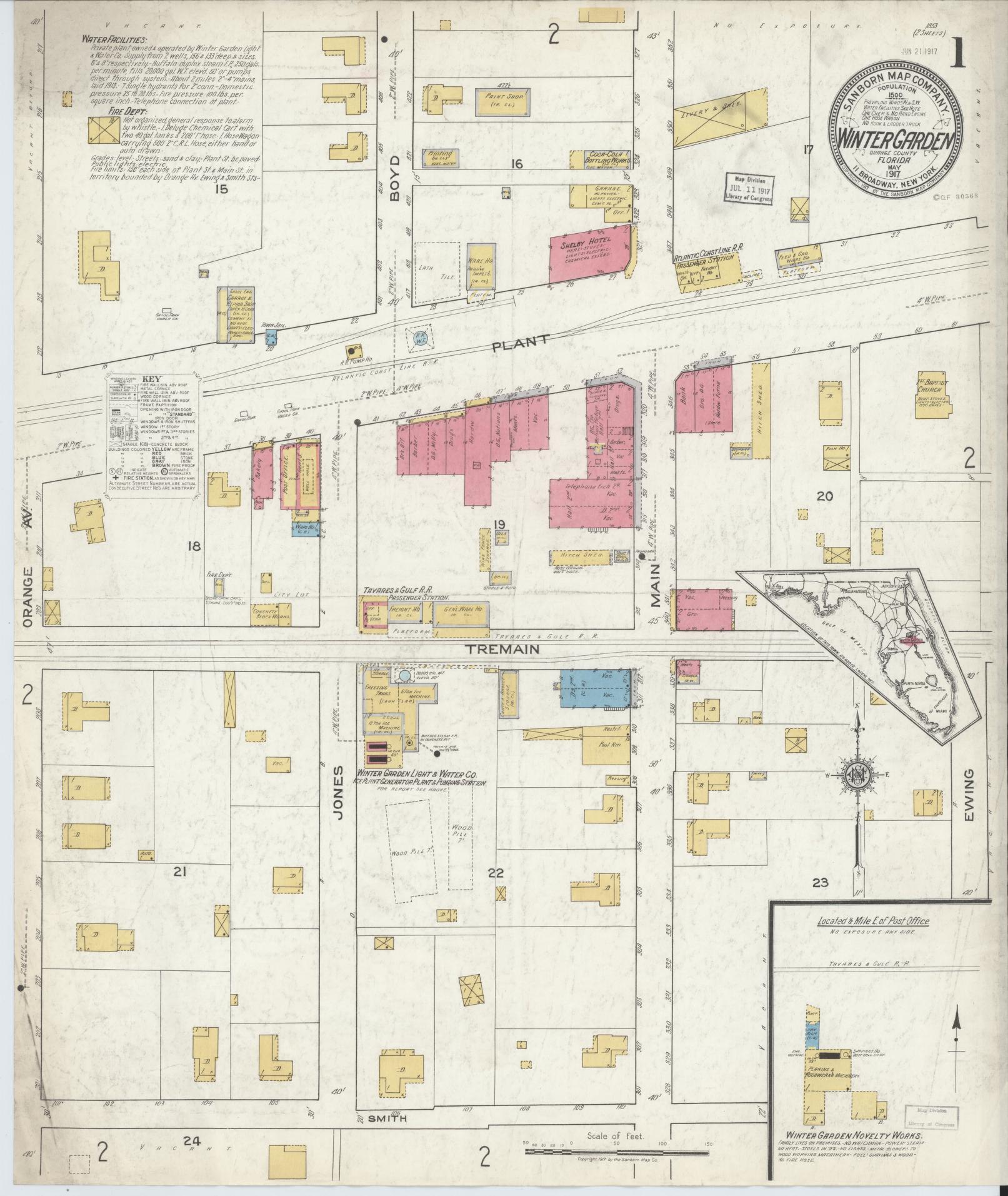 Sanborn Fire Insurance Map from Winter Garden, Orange County, Florida (1917), Sheet #0001 - Historic Sanborn Fire Insurance Map Print, vintage old map wall art, antique decor, genealogy gift, Florida Florida map