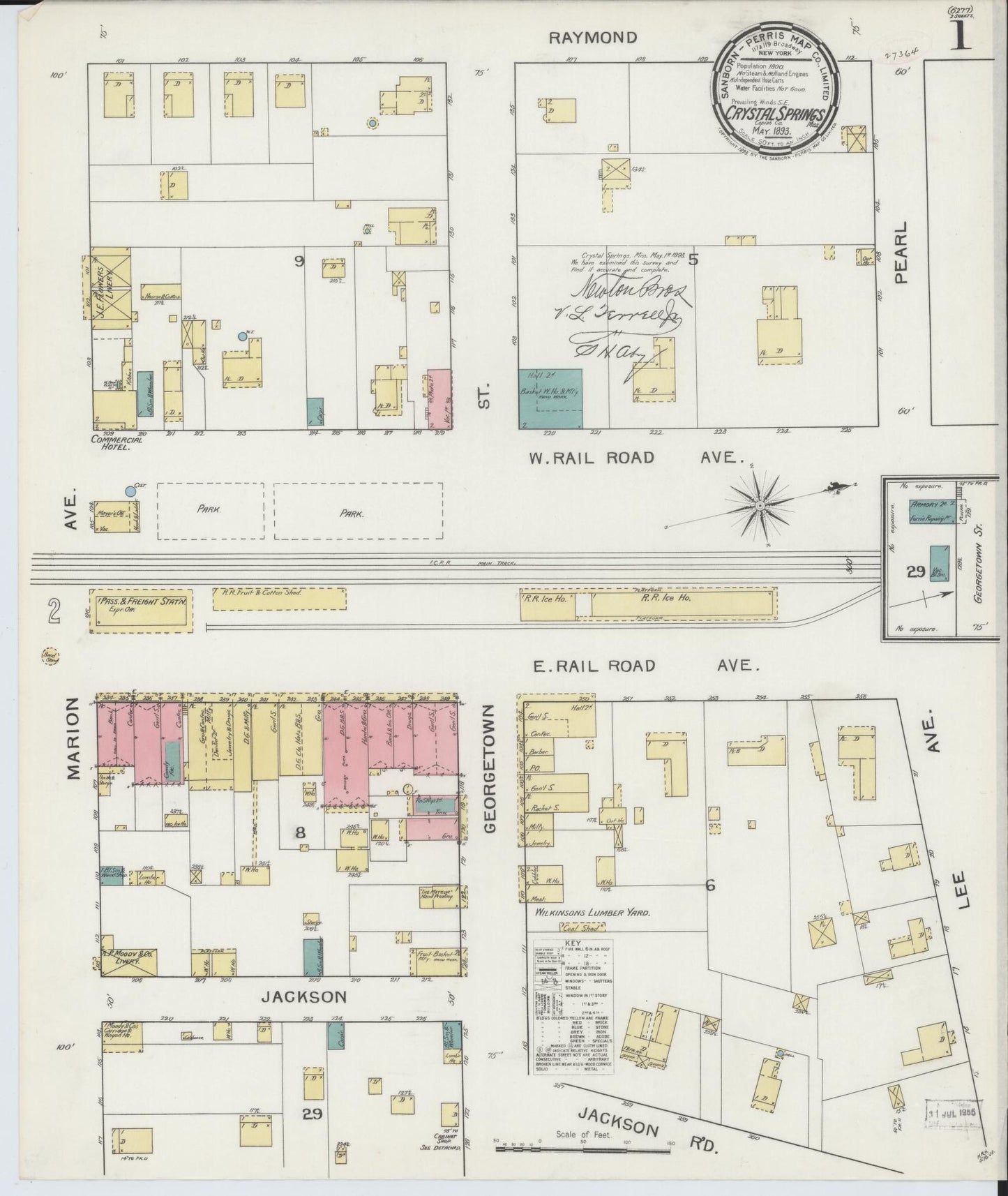 Sanborn Fire Insurance Map from Crystal Springs, Copiah County, Mississippi (1893), Sheet #0001 - Complete Map Set gallery image, historic Sanborn map, vintage wall art, Mississippi Mississippi