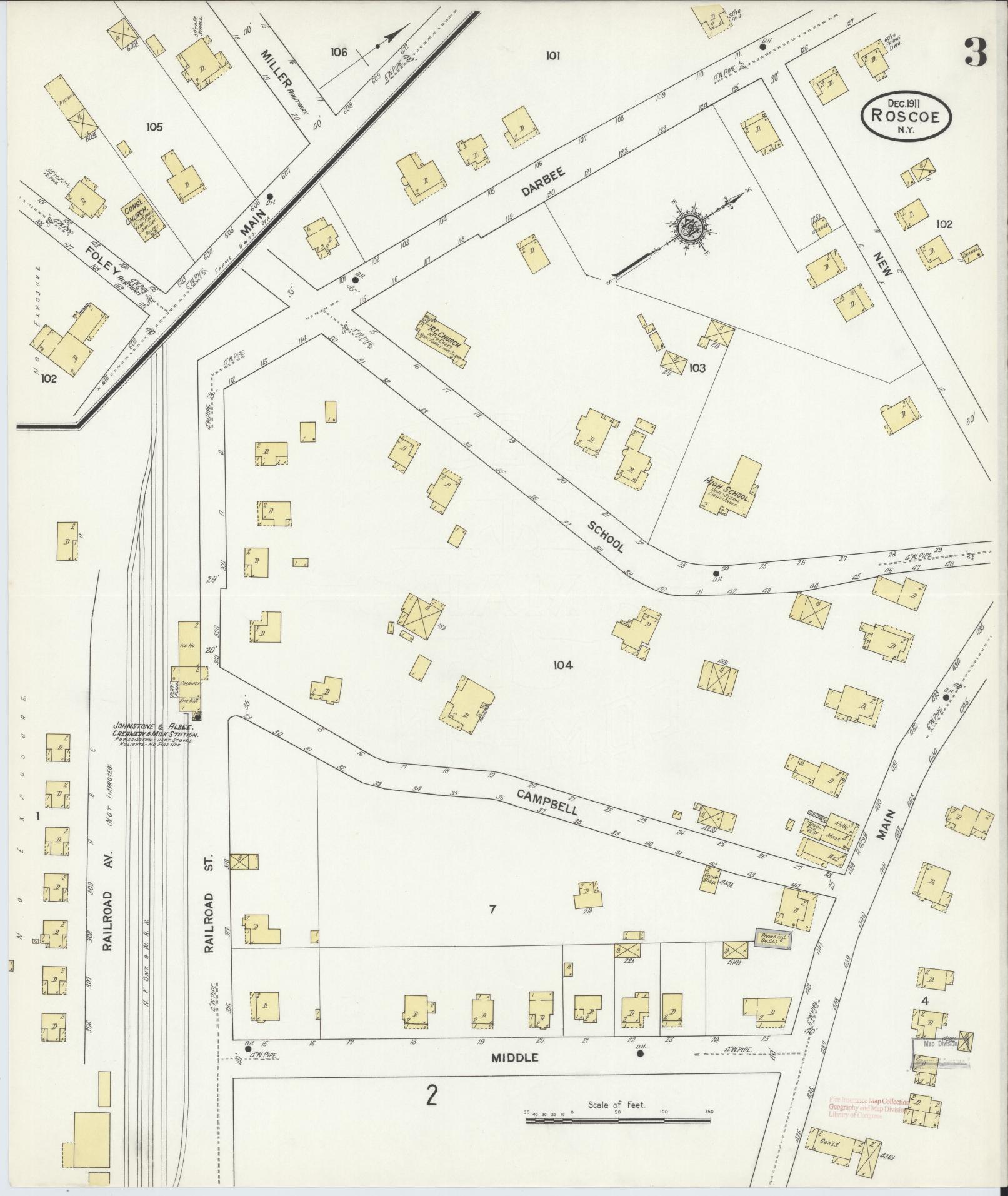 Sanborn Fire Insurance Map from Roscoe, Sullivan County, New York (1911), Sheet #0003 - Complete Map Set gallery image, historic Sanborn map, vintage wall art, New York New York