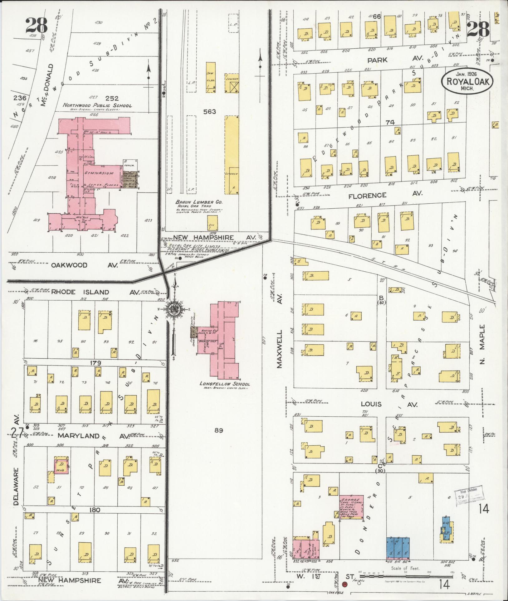 Sanborn Fire Insurance Map from Royal Oak, Oakland County, Michigan (1926), Sheet #0028 - Complete Map Set gallery image, historic Sanborn map, vintage wall art, Michigan Michigan