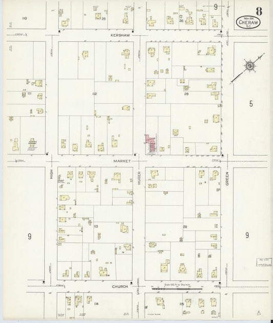 Sanborn Fire Insurance Map from Cheraw, Chesterfield County, South Carolina (1914), Sheet #0008 - Historic Sanborn Fire Insurance Map Print, vintage old map wall art, antique decor, genealogy gift, South Carolina South Carolina map