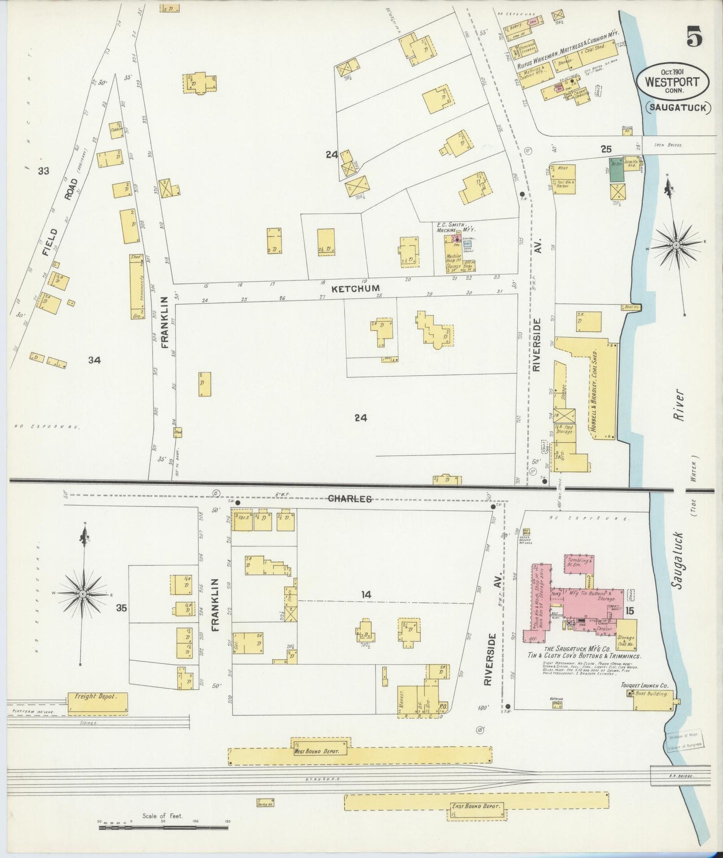 Sanborn Fire Insurance Map from Westport, Fairfield County, Connecticut (1901), Sheet #0005 - Complete Map Set gallery image, historic Sanborn map, vintage wall art, Connecticut Connecticut