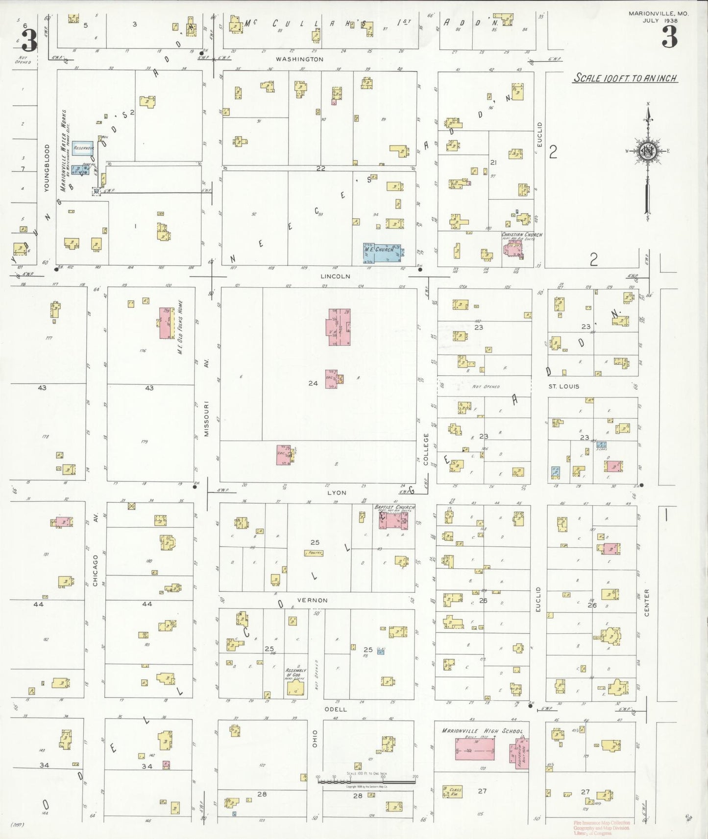 Sanborn Fire Insurance Map from Marionville, Lawrence County, Missouri (1938), Sheet #0003 - Historic Sanborn Fire Insurance Map Print, vintage old map wall art, antique decor, genealogy gift, Missouri Missouri map