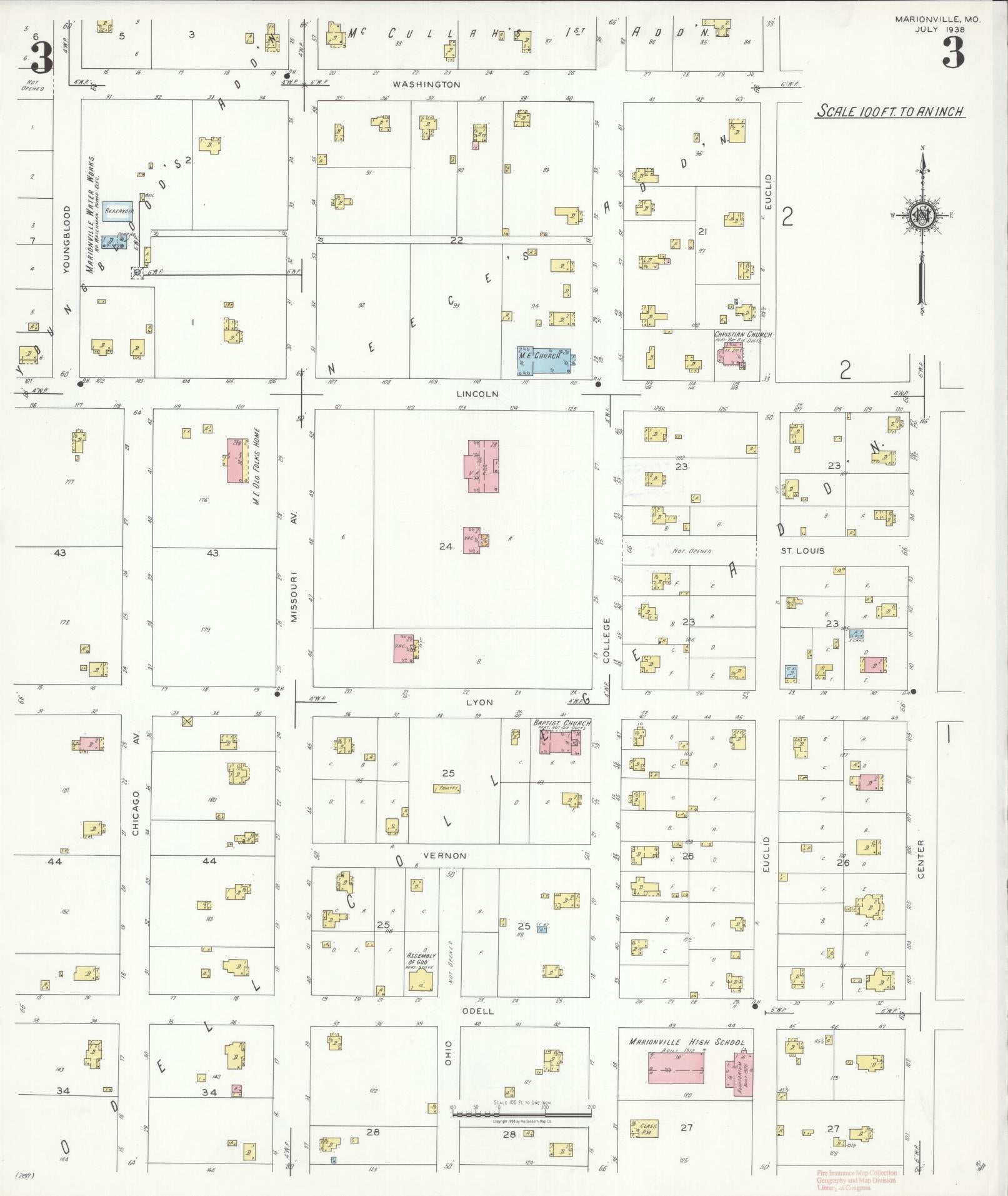 Sanborn Fire Insurance Map from Marionville, Lawrence County, Missouri (1938), Sheet #0003 - Historic Sanborn Fire Insurance Map Print, vintage old map wall art, antique decor, genealogy gift, Missouri Missouri map