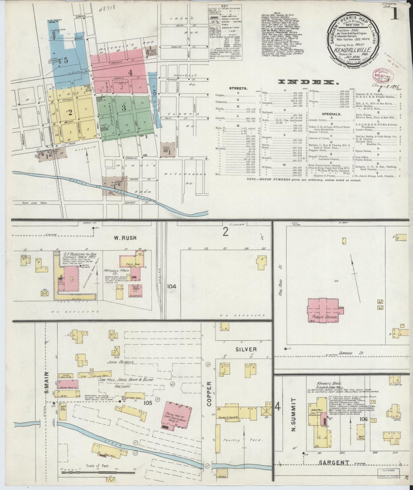 Sanborn Fire Insurance Map from Kendallville, Noble County, Indiana (1896), Sheet #0001 - Complete Map Set gallery image, historic Sanborn map, vintage wall art, Indiana Indiana