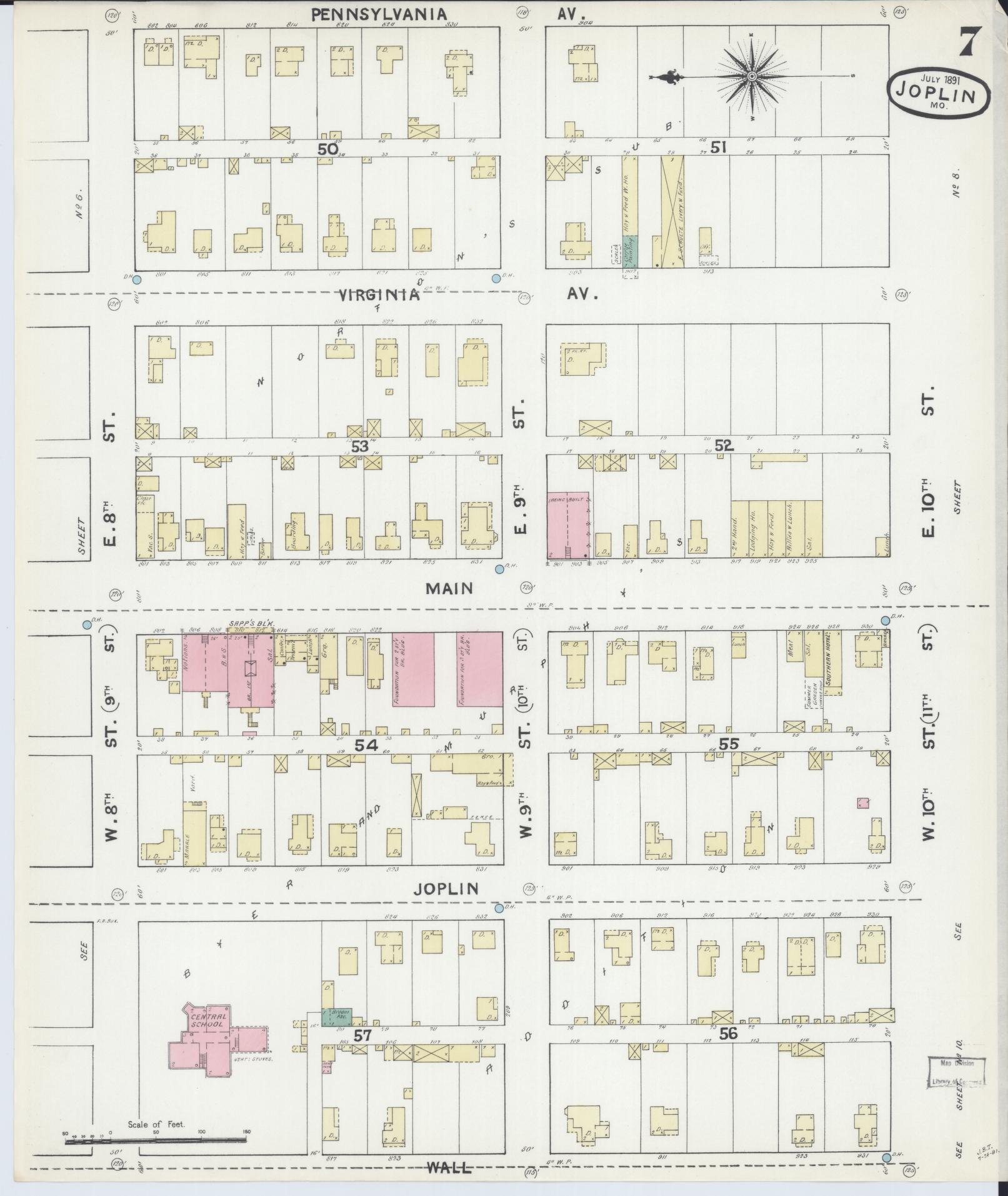 Sanborn Fire Insurance Map from Joplin, Jasper County, Missouri (1891), Sheet #0007 - Historic Sanborn Fire Insurance Map Print, vintage old map wall art, antique decor, genealogy gift, Missouri Missouri map