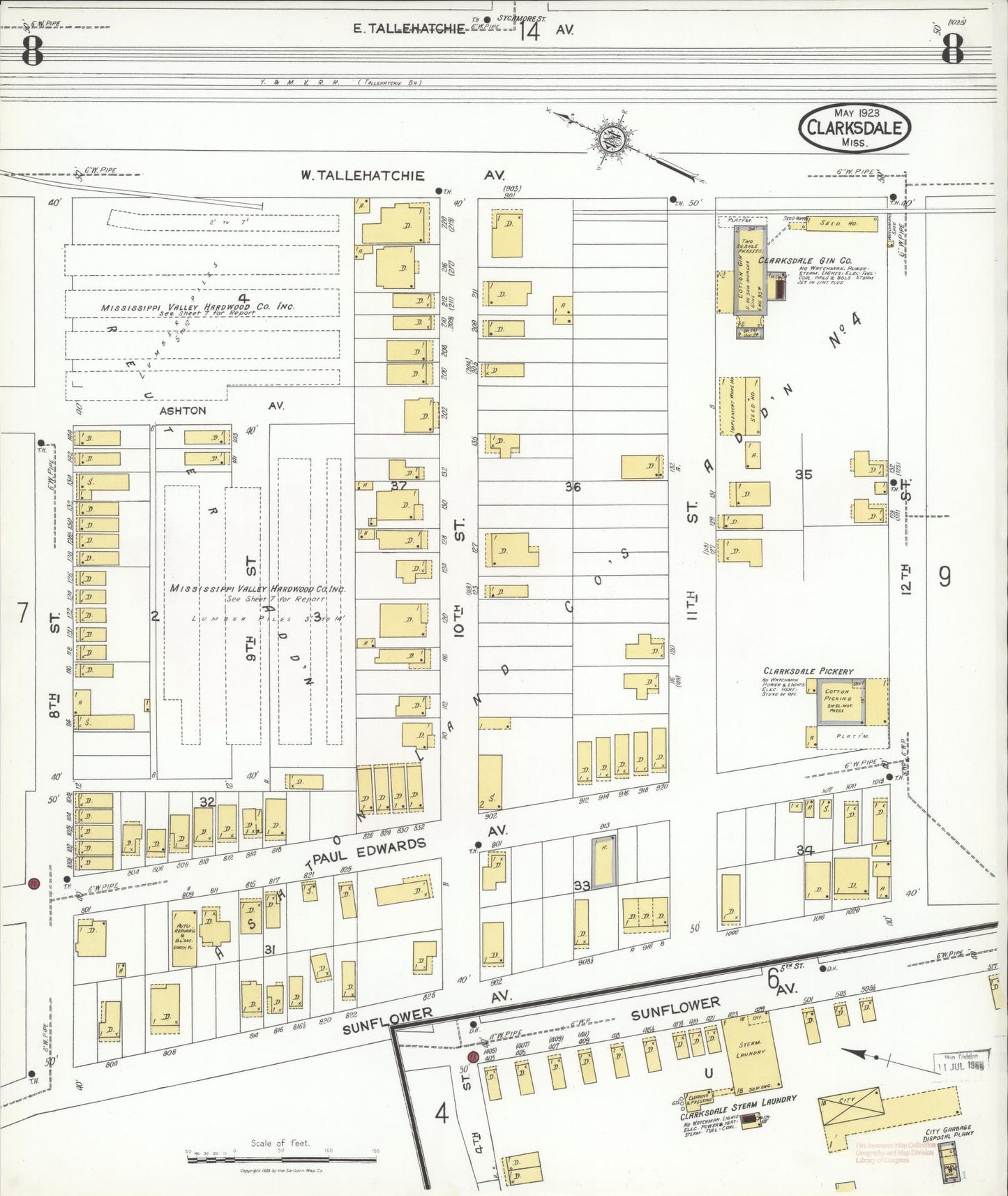 Sanborn Fire Insurance Map from Clarksdale, Coahoma County, Mississippi (1923), Sheet #0008 - Complete Map Set gallery image, historic Sanborn map, vintage wall art, Mississippi Mississippi
