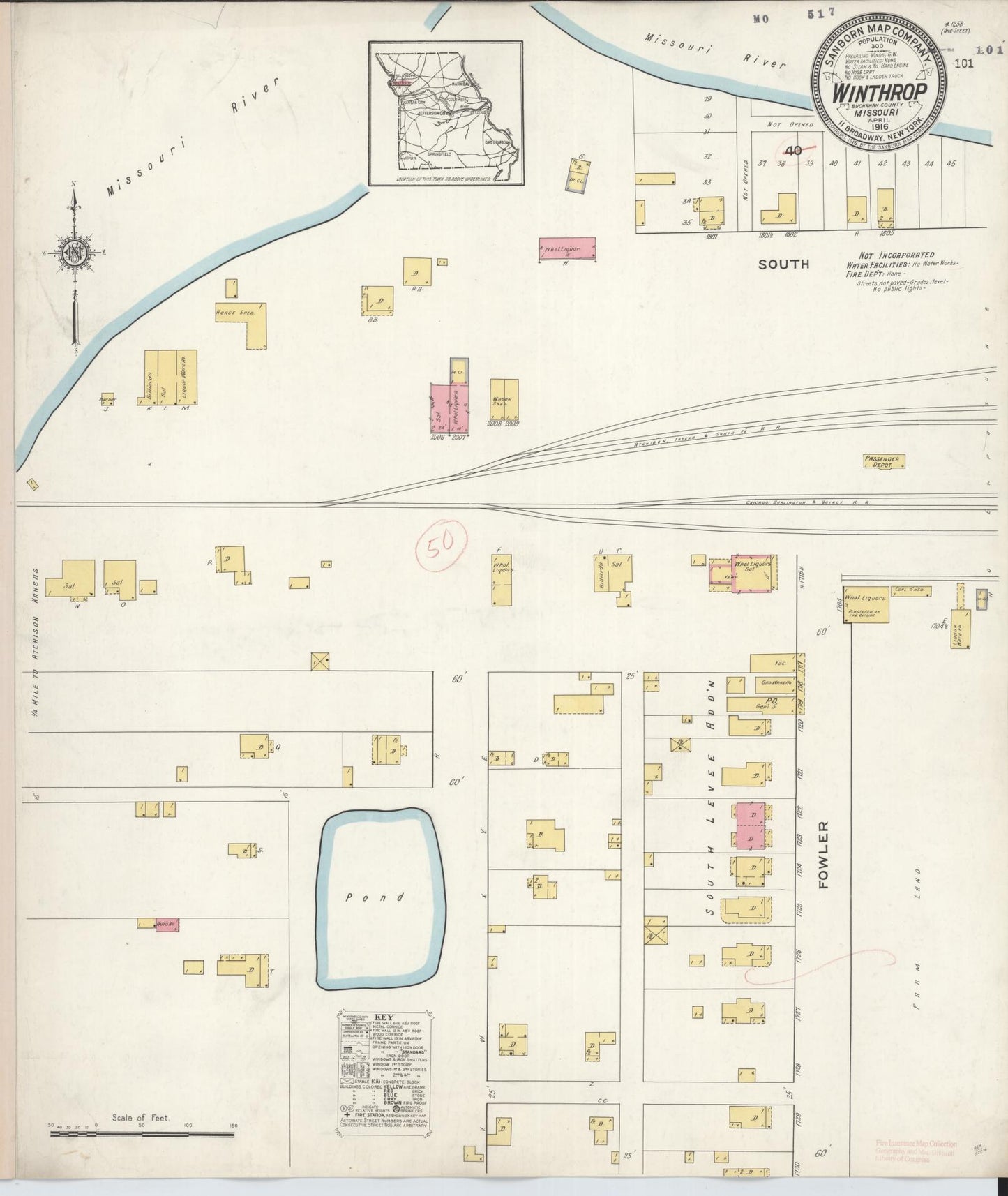 Sanborn Fire Insurance Map from Winthrop, Buchanan County, Missouri (1916), Sheet #0001 - Historic Sanborn Fire Insurance Map Print, vintage old map wall art, antique decor, genealogy gift, Missouri Missouri map