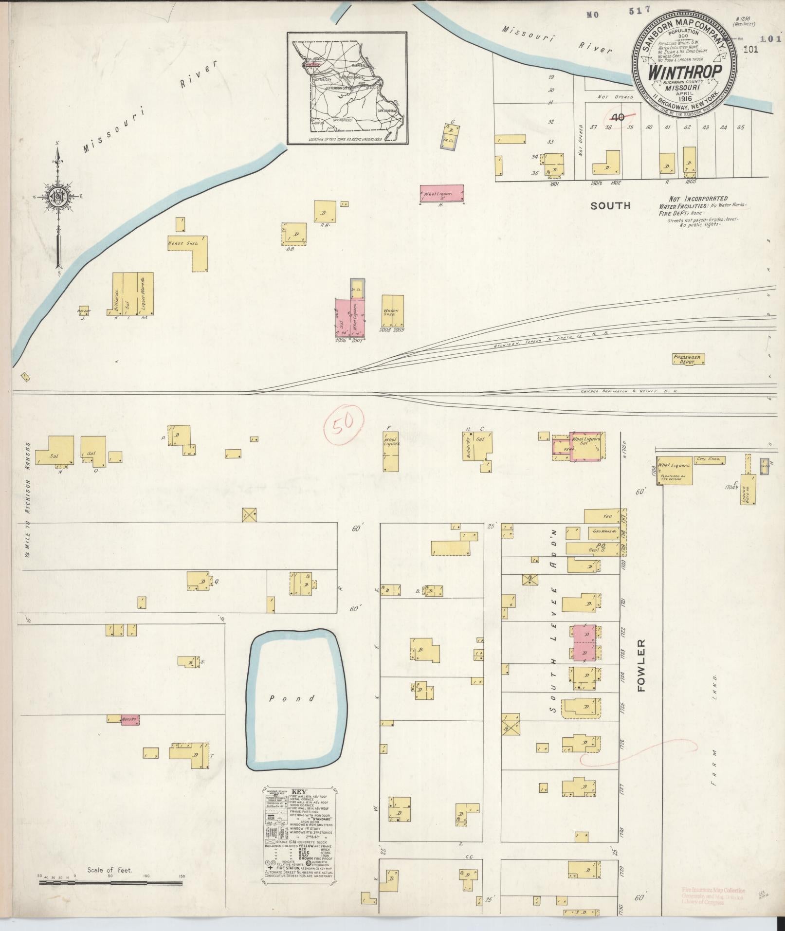 Sanborn Fire Insurance Map from Winthrop, Buchanan County, Missouri (1916), Sheet #0001 - Historic Sanborn Fire Insurance Map Print, vintage old map wall art, antique decor, genealogy gift, Missouri Missouri map