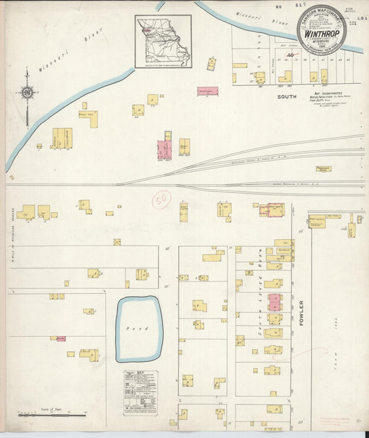 Sanborn Fire Insurance Map from Winthrop, Buchanan County, Missouri (1916), Sheet #0001 - Historic Sanborn Fire Insurance Map Print, vintage old map wall art, antique decor, genealogy gift, Missouri Missouri map