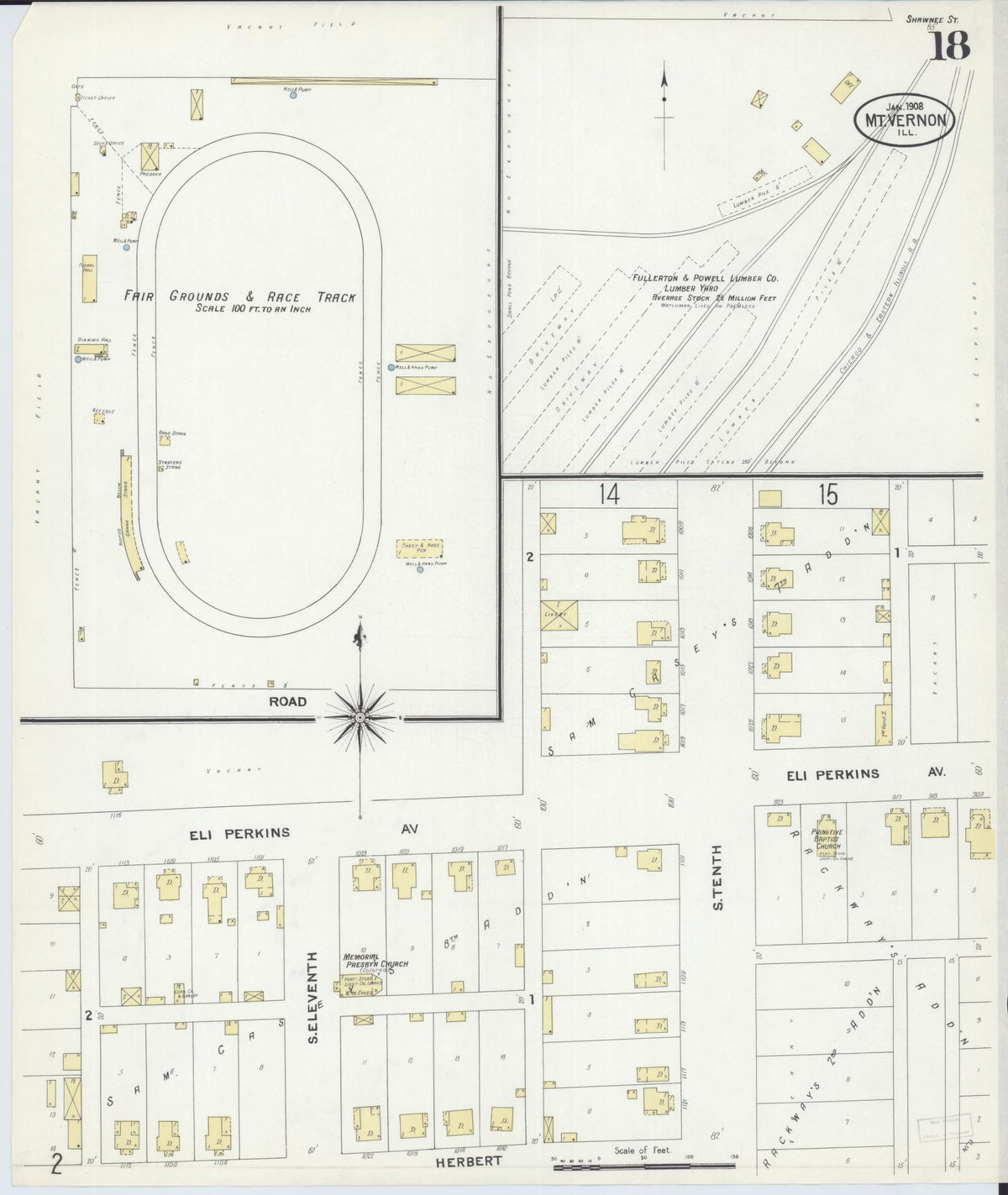 Sanborn Fire Insurance Map from Mount Vernon, Jefferson County, Illinois (1908), Sheet #0018 - Complete Map Set gallery image, historic Sanborn map, vintage wall art, Illinois Illinois