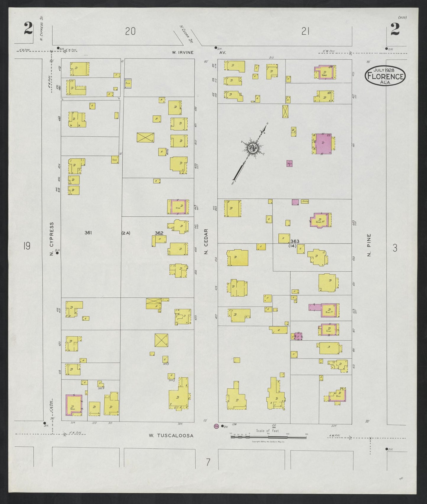 Sanborn Fire Insurance Map from Florence, Lauderdale County, Alabama (1928), Sheet #0002 - Historic Sanborn Fire Insurance Map Print, vintage old map wall art, antique decor, genealogy gift, Alabama Alabama map