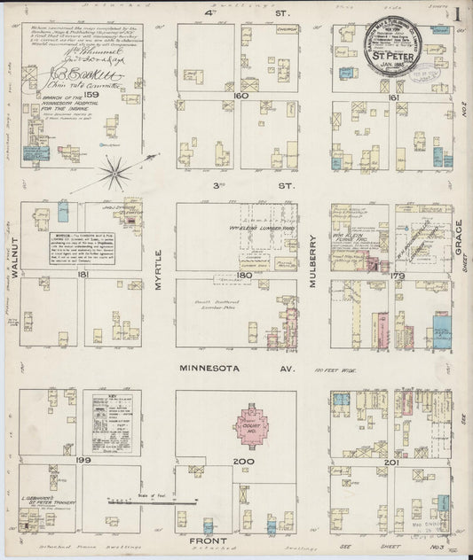 Sanborn Fire Insurance Map from Saint Peter, Nicollet County, Minnesota (1885), Sheet #0001 - Historic Sanborn Fire Insurance Map Print, vintage old map wall art, antique decor, genealogy gift, Minnesota Minnesota map