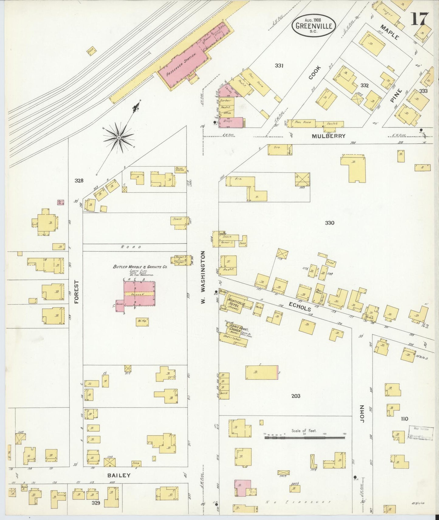 Sanborn Fire Insurance Map from Greenville, Greenville County, South Carolina (1908), Sheet #0017 - Complete Map Set gallery image, historic Sanborn map, vintage wall art, South Carolina South Carolina
