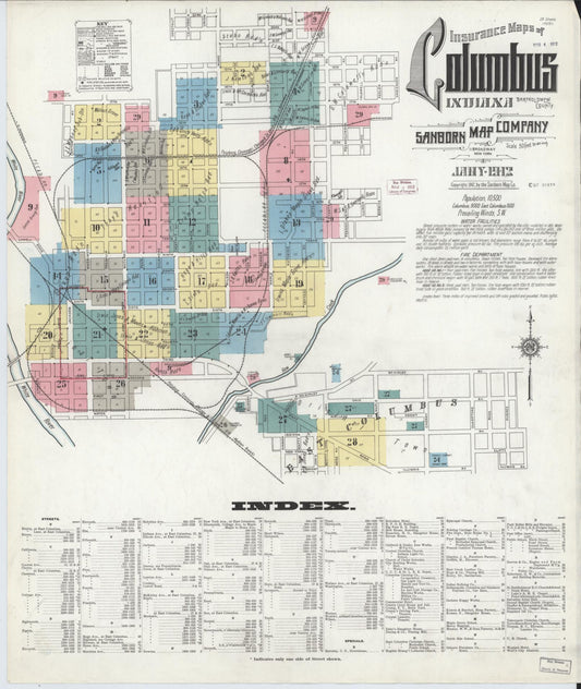 Sanborn Fire Insurance Map from Columbus, Bartholomew County, Indiana (1912), Sheet #0001 - Historic Sanborn Fire Insurance Map Print, vintage old map wall art, antique decor, genealogy gift, Indiana Indiana map