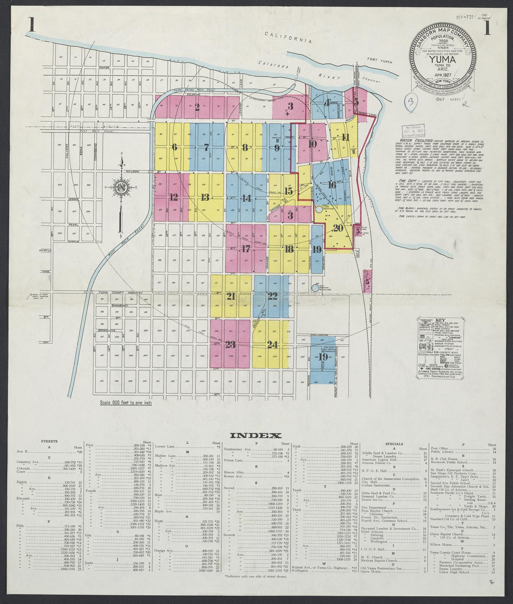 Sanborn Fire Insurance Map from Yuma, Yuma County, Arizona (1927), Sheet #0001 - Complete Map Set gallery image, historic Sanborn map, vintage wall art, Arizona Arizona