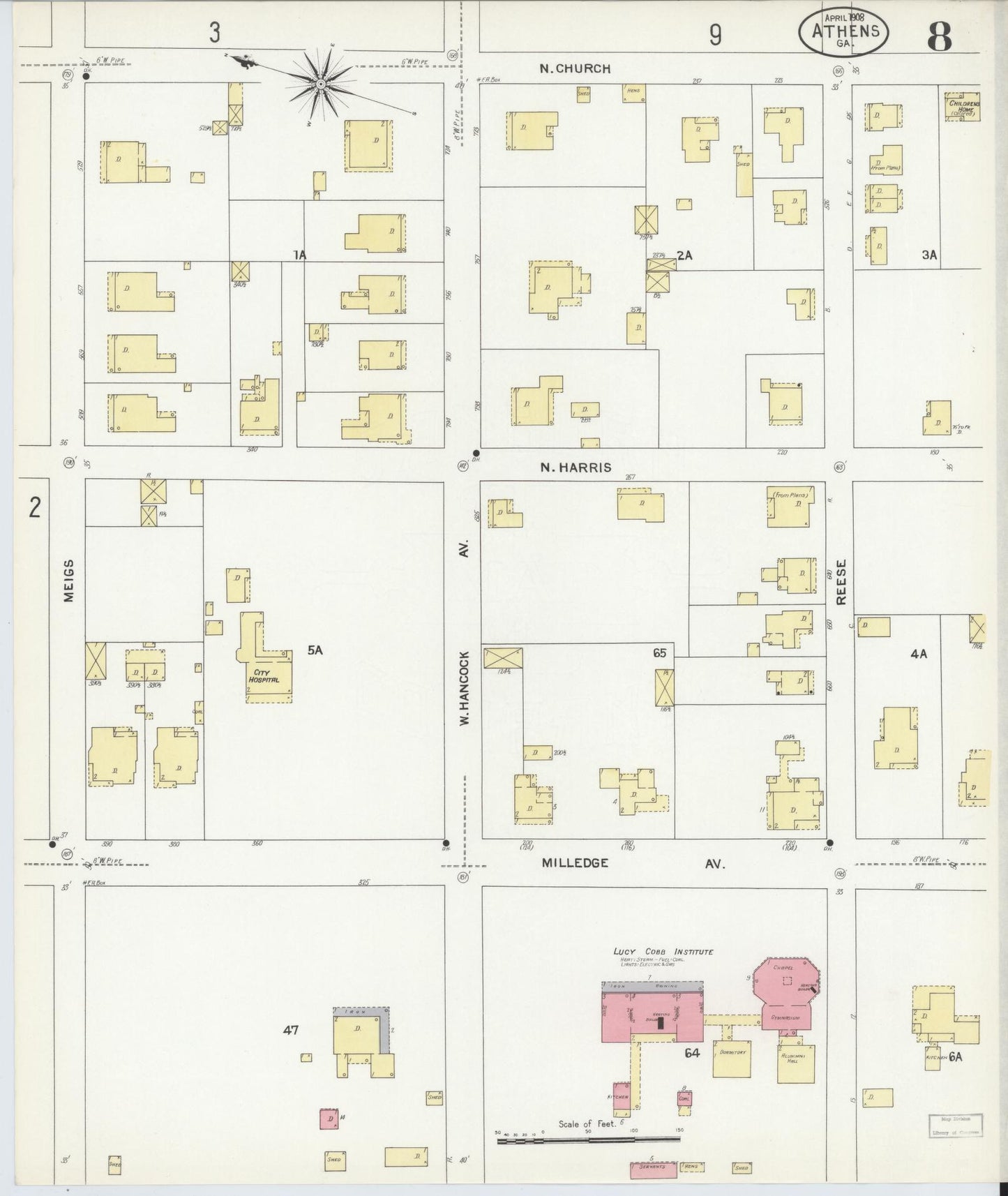 Sanborn Fire Insurance Map from Athens, Clarke County, Georgia (1908), Sheet #0008 - Complete Map Set gallery image, historic Sanborn map, vintage wall art, Georgia Georgia
