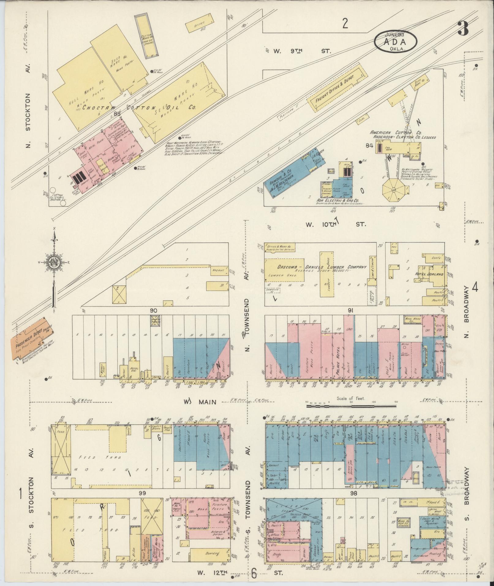 Sanborn Fire Insurance Map from Ada, Pontotoc County, Oklahoma (1913), Sheet #0003 - Historic Sanborn Fire Insurance Map Print, vintage old map wall art, antique decor, genealogy gift, Oklahoma Oklahoma map