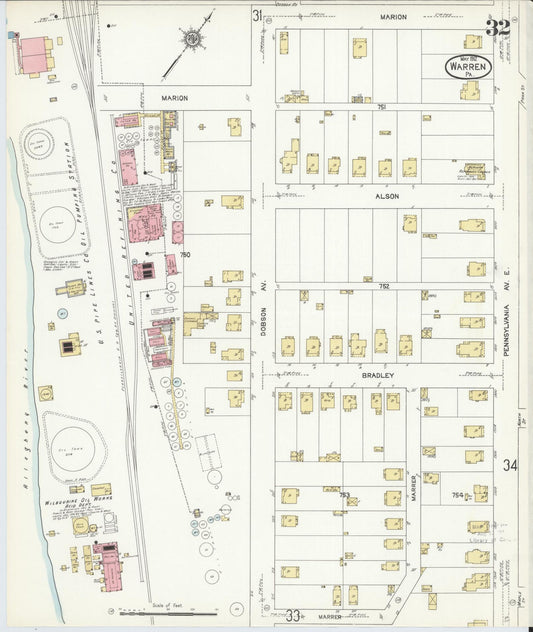 Sanborn Fire Insurance Map from Warren, Warren County, Pennsylvania (1912), Sheet #0032 - Historic Sanborn Fire Insurance Map Print, vintage old map wall art, antique decor, genealogy gift, Pennsylvania Pennsylvania map