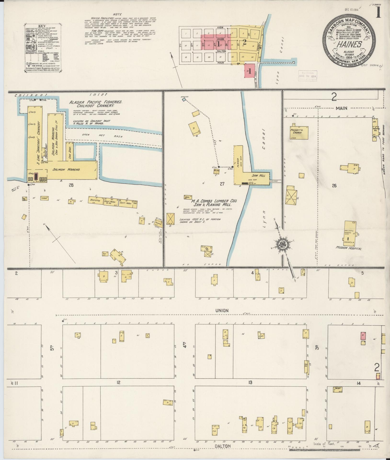 Sanborn Fire Insurance Map from Haines, Haines Census Division, Alaska (1914), Sheet #0001 - Historic Sanborn Fire Insurance Map Print, vintage old map wall art, antique decor, genealogy gift, Alaska Alaska map