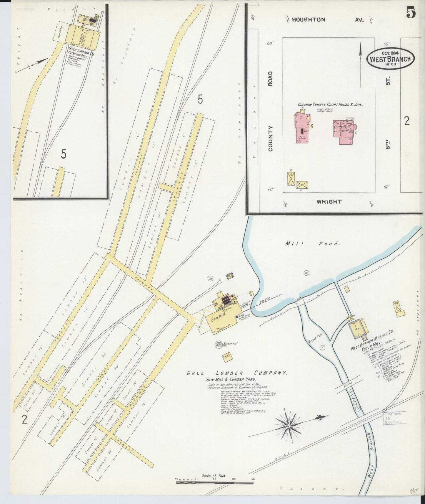 Sanborn Fire Insurance Map from West Branch, Ogemaw County, Michigan (1904), Sheet #0005 - Historic Sanborn Fire Insurance Map Print, vintage old map wall art, antique decor, genealogy gift, Michigan Michigan map