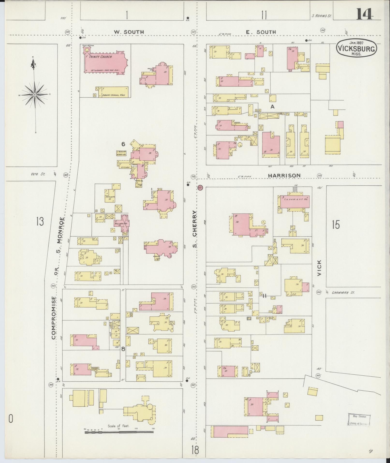 Sanborn Fire Insurance Map from Vicksburg, Warren County, Mississippi (1897), Sheet #0014 - Complete Map Set gallery image, historic Sanborn map, vintage wall art, Mississippi Mississippi