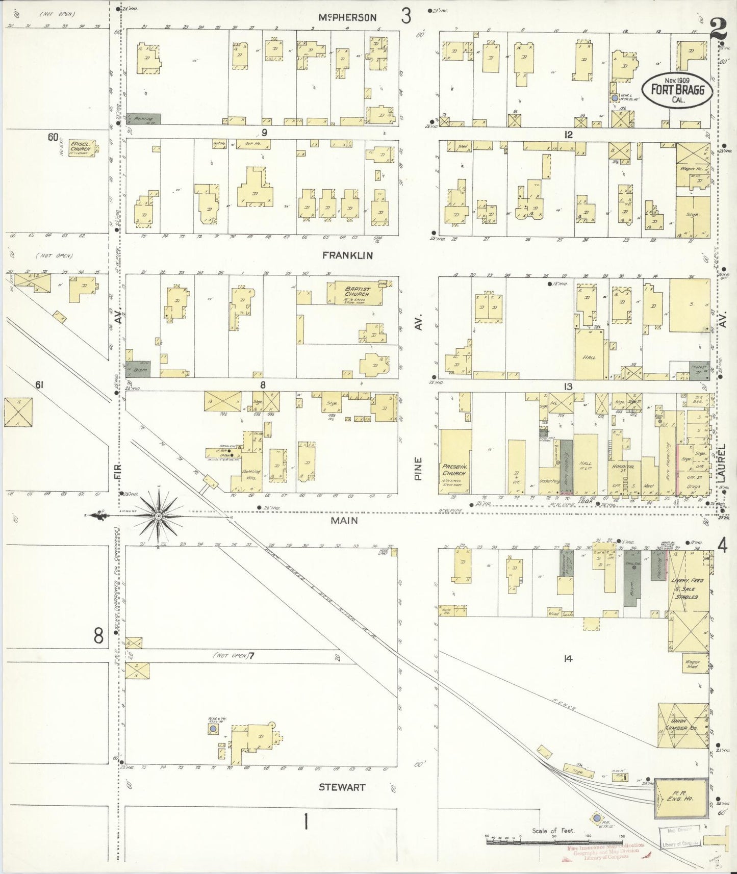Sanborn Fire Insurance Map from Fort Bragg, Mendocino County, California (1909), Sheet #0002 - Historic Sanborn Fire Insurance Map Print, vintage old map wall art, antique decor, genealogy gift, California California map
