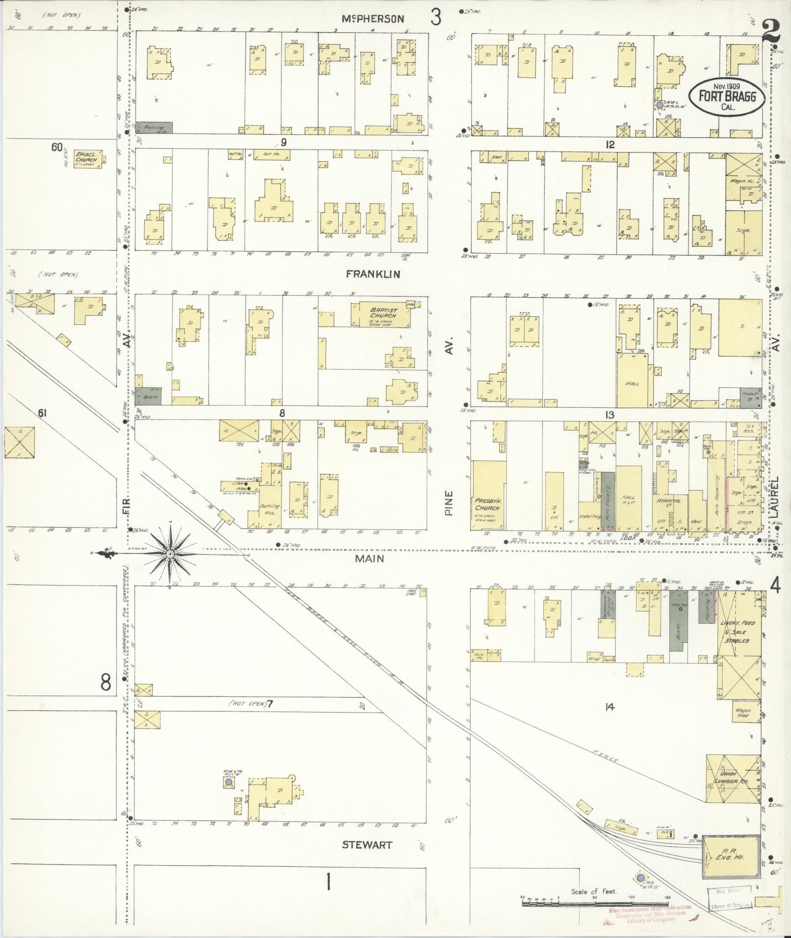 Sanborn Fire Insurance Map from Fort Bragg, Mendocino County, California (1909), Sheet #0002 - Historic Sanborn Fire Insurance Map Print, vintage old map wall art, antique decor, genealogy gift, California California map