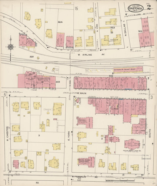 Sanborn Fire Insurance Map from Gastonia, Gaston County, North Carolina (1922), Sheet #0002 - Historic Sanborn Fire Insurance Map Print, vintage old map wall art, antique decor, genealogy gift, North Carolina North Carolina map