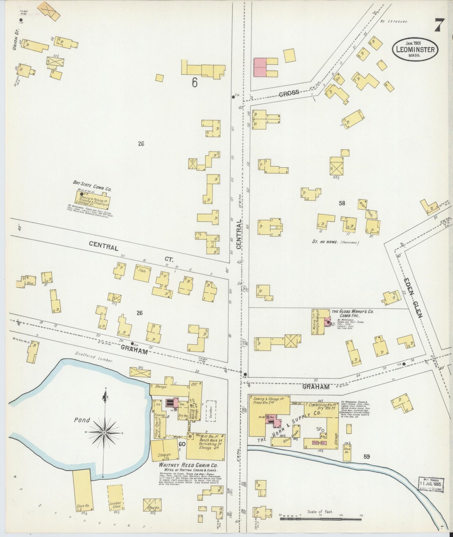 Sanborn Fire Insurance Map from Leominster, Worcester County, Massachusetts (1901), Sheet #0007 - Historic Sanborn Fire Insurance Map Print, vintage old map wall art, antique decor, genealogy gift, Massachusetts Massachusetts map