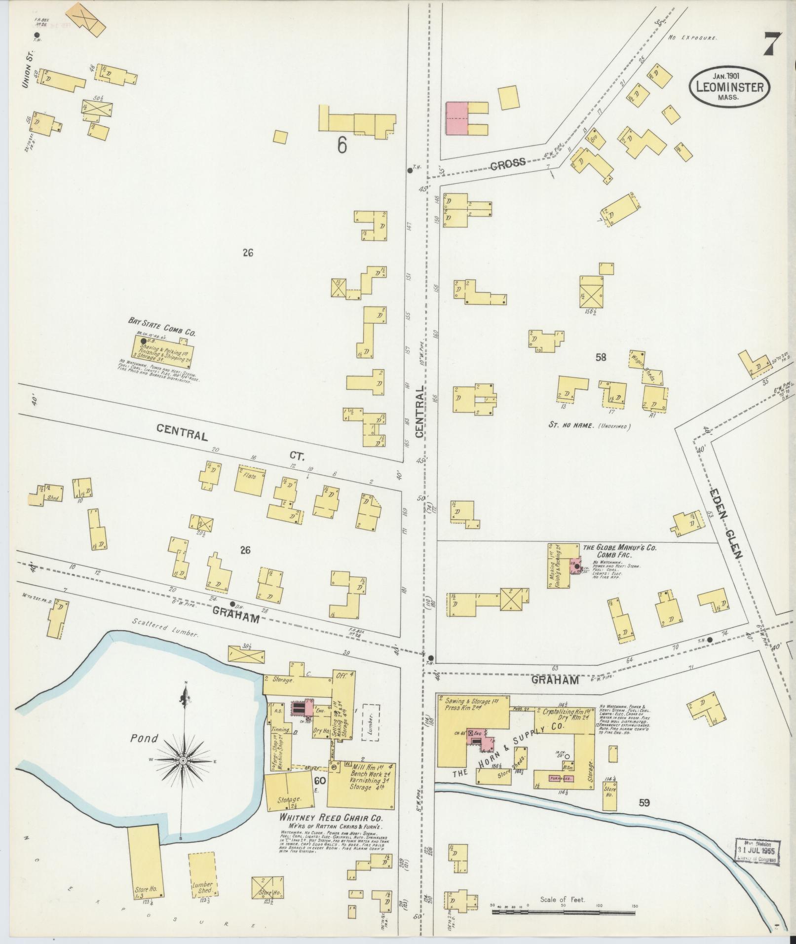 Sanborn Fire Insurance Map from Leominster, Worcester County, Massachusetts (1901), Sheet #0007 - Historic Sanborn Fire Insurance Map Print, vintage old map wall art, antique decor, genealogy gift, Massachusetts Massachusetts map