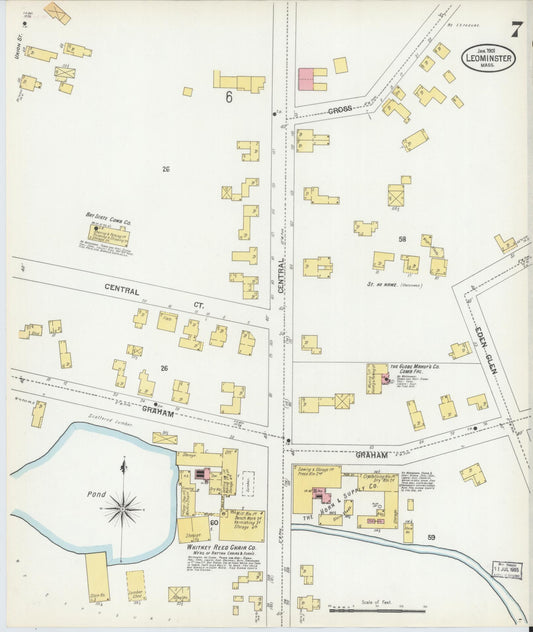 Sanborn Fire Insurance Map from Leominster, Worcester County, Massachusetts (1901), Sheet #0007 - Historic Sanborn Fire Insurance Map Print, vintage old map wall art, antique decor, genealogy gift, Massachusetts Massachusetts map