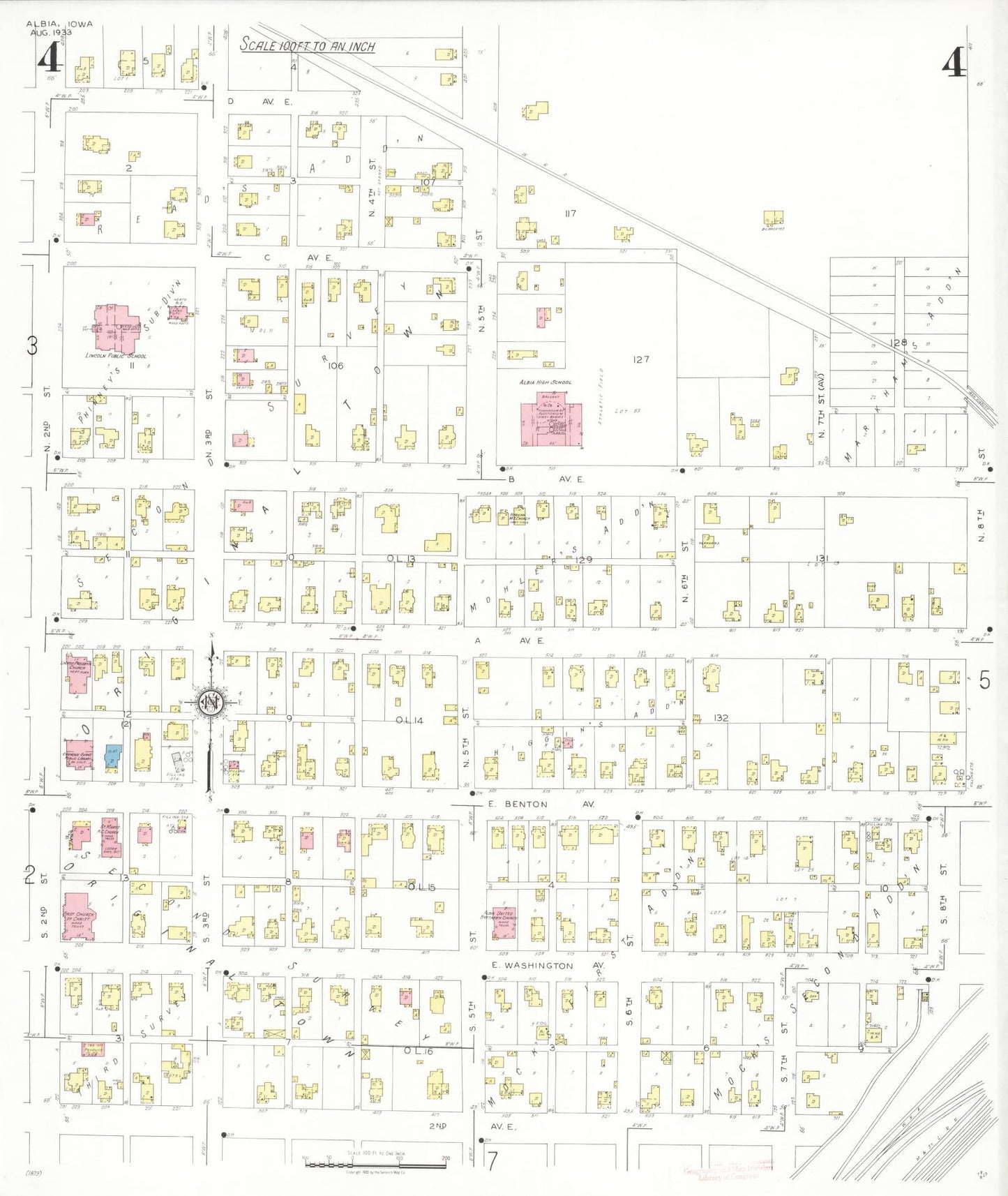 Sanborn Fire Insurance Map from Albia, Monroe County, Iowa (1933), Sheet #0004 - Historic Sanborn Fire Insurance Map Print, vintage old map wall art