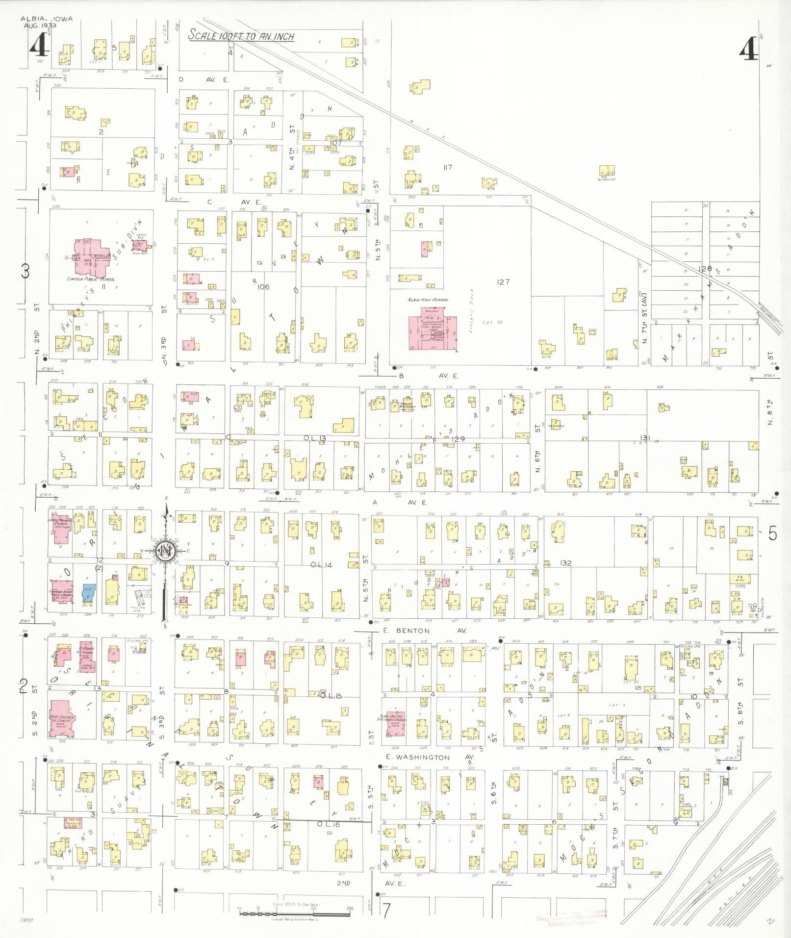 Sanborn Fire Insurance Map from Albia, Monroe County, Iowa (1933), Sheet #0004 - Historic Sanborn Fire Insurance Map Print, vintage old map wall art