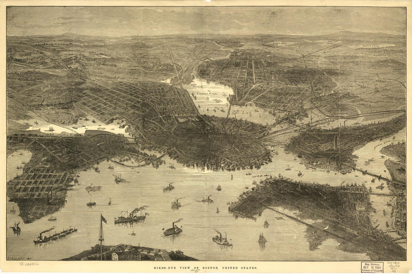 Bird's-eye view of Boston, United States. (1870) – Historic Bird’s-Eye View Panorama Print