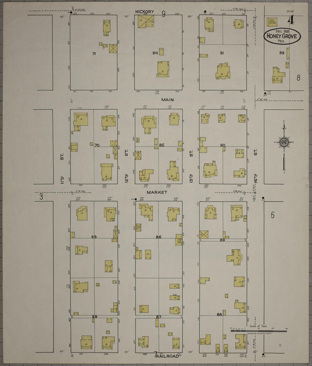 Sanborn Fire Insurance Map from Honey Grove, Fannin County, Texas (1921), Sheet #0004 - Complete Map Set gallery image, historic Sanborn map, vintage wall art, Texas Texas