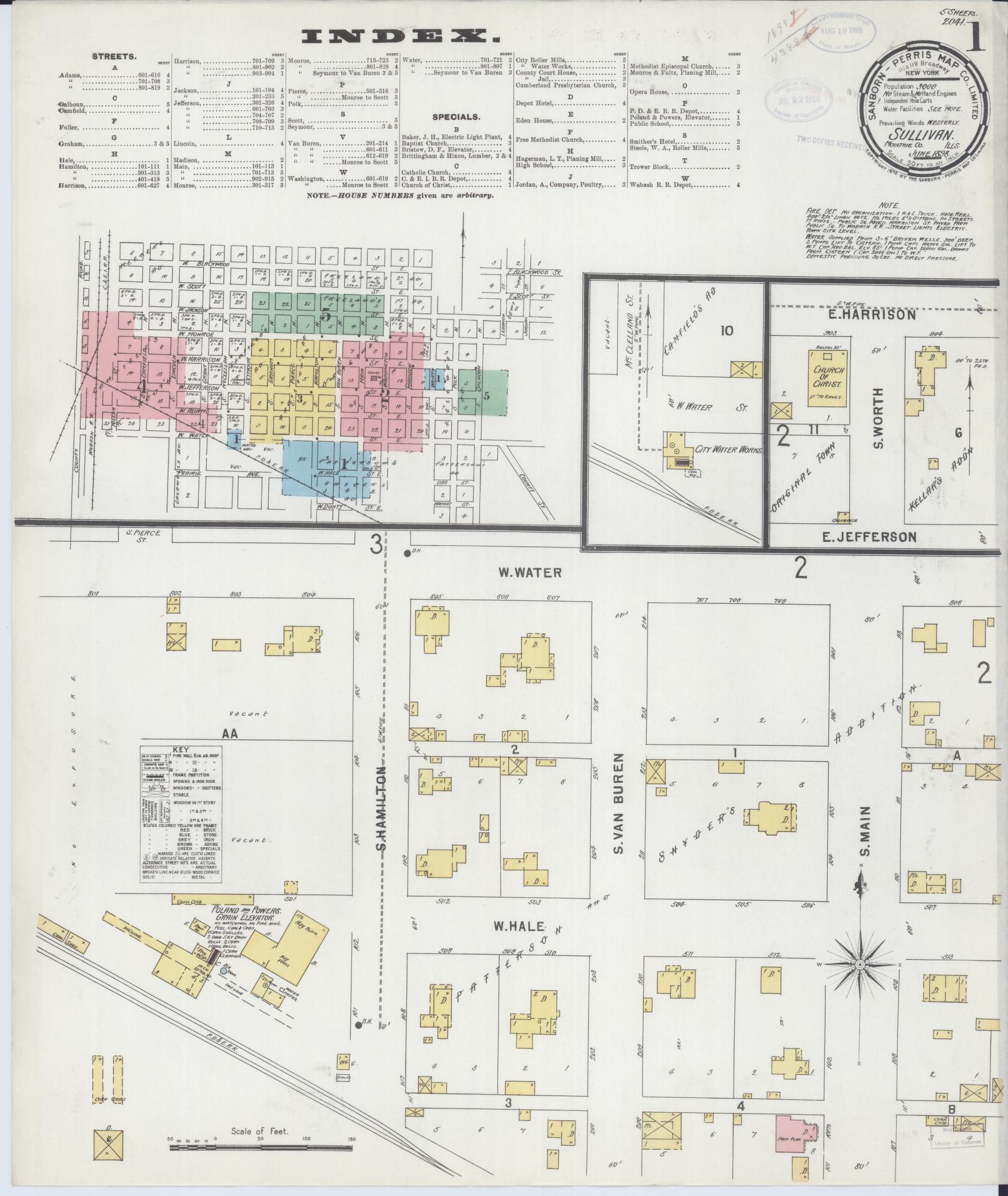Sanborn Fire Insurance Map from Sullivan, Moultrie County, Illinois (1898), Sheet #0001 - Historic Sanborn Fire Insurance Map Print, vintage old map wall art, antique decor, genealogy gift, Illinois Illinois map