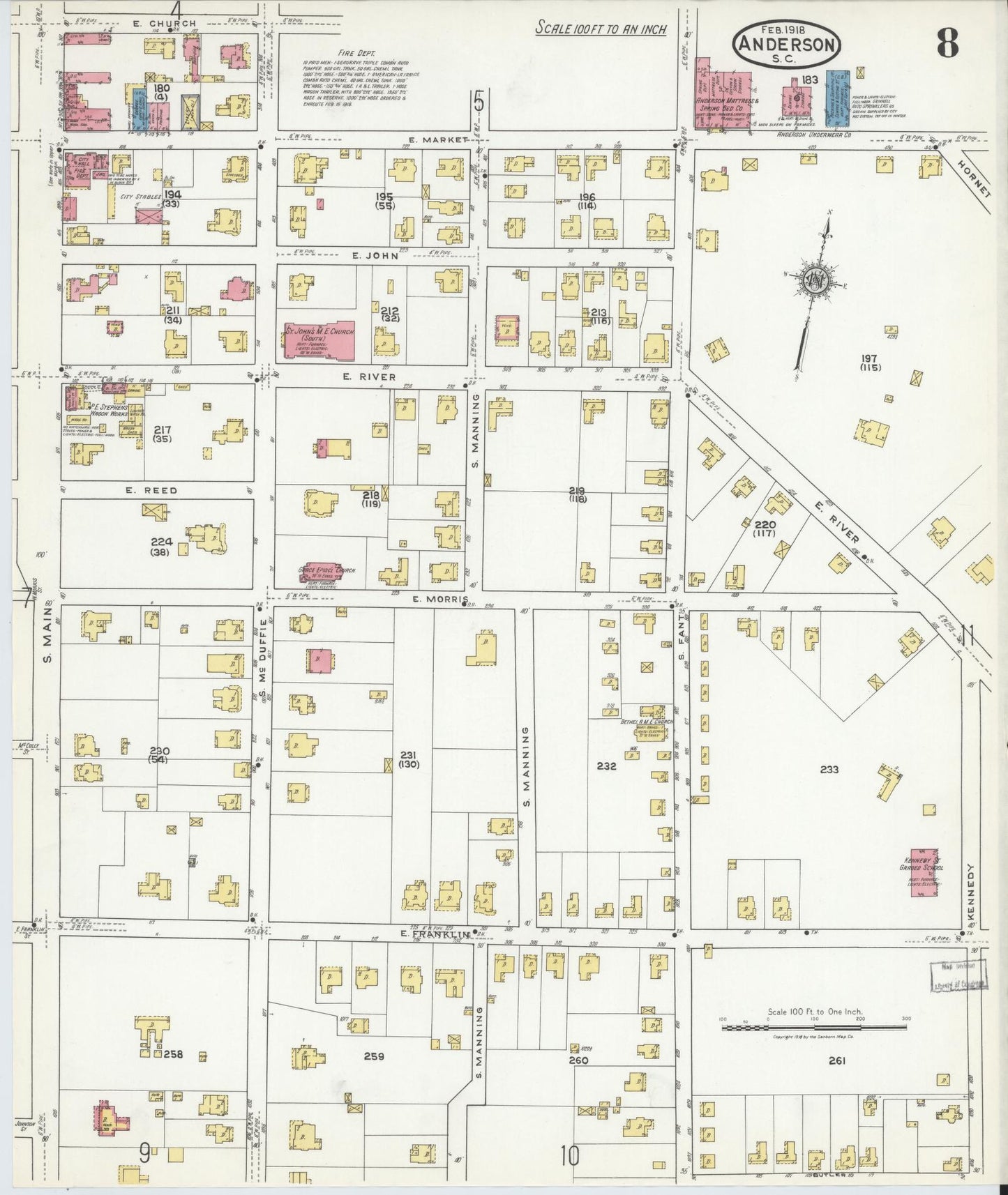 Sanborn Fire Insurance Map from Anderson, Anderson County, South Carolina (1918), Sheet #0008 - Complete Map Set gallery image, historic Sanborn map, vintage wall art, South Carolina South Carolina