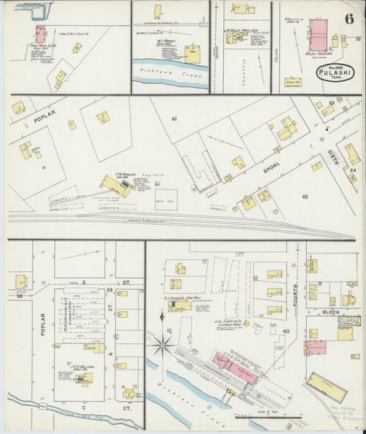 Sanborn Fire Insurance Map from Pulaski, Giles County, Tennessee (1895), Sheet #0006 - Historic Sanborn Fire Insurance Map Print, vintage old map wall art, antique decor, genealogy gift, Tennessee Tennessee map