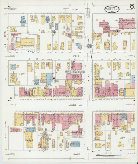 Sanborn Fire Insurance Map from Vineland, Cumberland County, New Jersey (1919), Sheet #0008 - Historic Sanborn Fire Insurance Map Print, vintage old map wall art, antique decor, genealogy gift, New Jersey New Jersey map