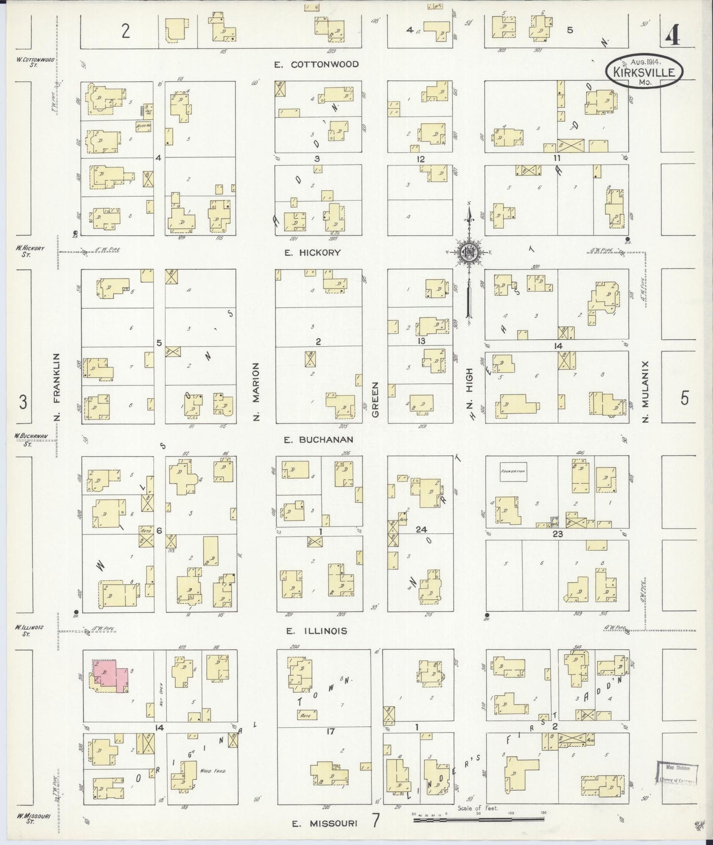 Sanborn Fire Insurance Map from Kirksville, Adair County, Missouri (1914), Sheet #0004 - Historic Sanborn Fire Insurance Map Print, vintage old map wall art, antique decor, genealogy gift, Missouri Missouri map