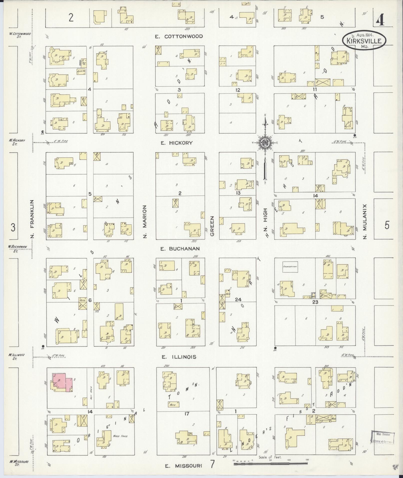 Sanborn Fire Insurance Map from Kirksville, Adair County, Missouri (1914), Sheet #0004 - Historic Sanborn Fire Insurance Map Print, vintage old map wall art, antique decor, genealogy gift, Missouri Missouri map
