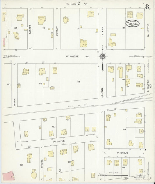Sanborn Fire Insurance Map from Terrell, Kaufman County, Texas (1914), Sheet #0008 - Historic Sanborn Fire Insurance Map Print, vintage old map wall art, antique decor, genealogy gift, Texas Texas map
